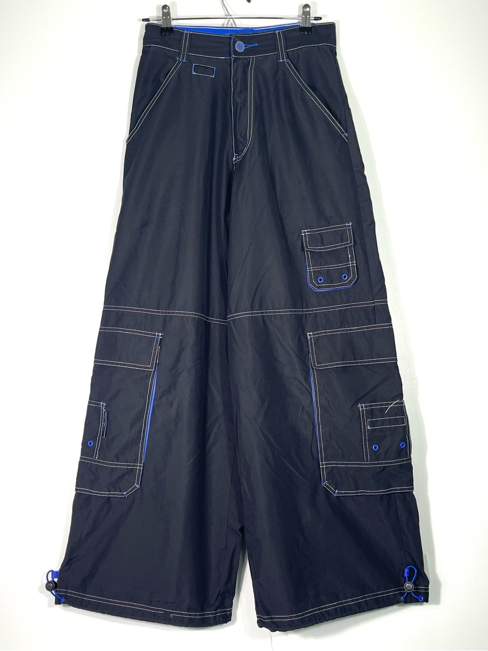 MACGEAR Y2K Women's Rave Pants Black Blue Wide-Leg Grunge Toggle Hem Size 28